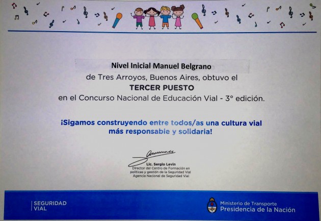 Nivel Inicial-Premio Concurso Nacional de Educación Vial “Canciones para transitar”.

