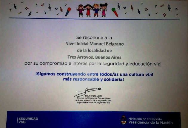 Nivel Inicial-Premio Concurso Nacional de Educación Vial “Canciones para transitar”.

